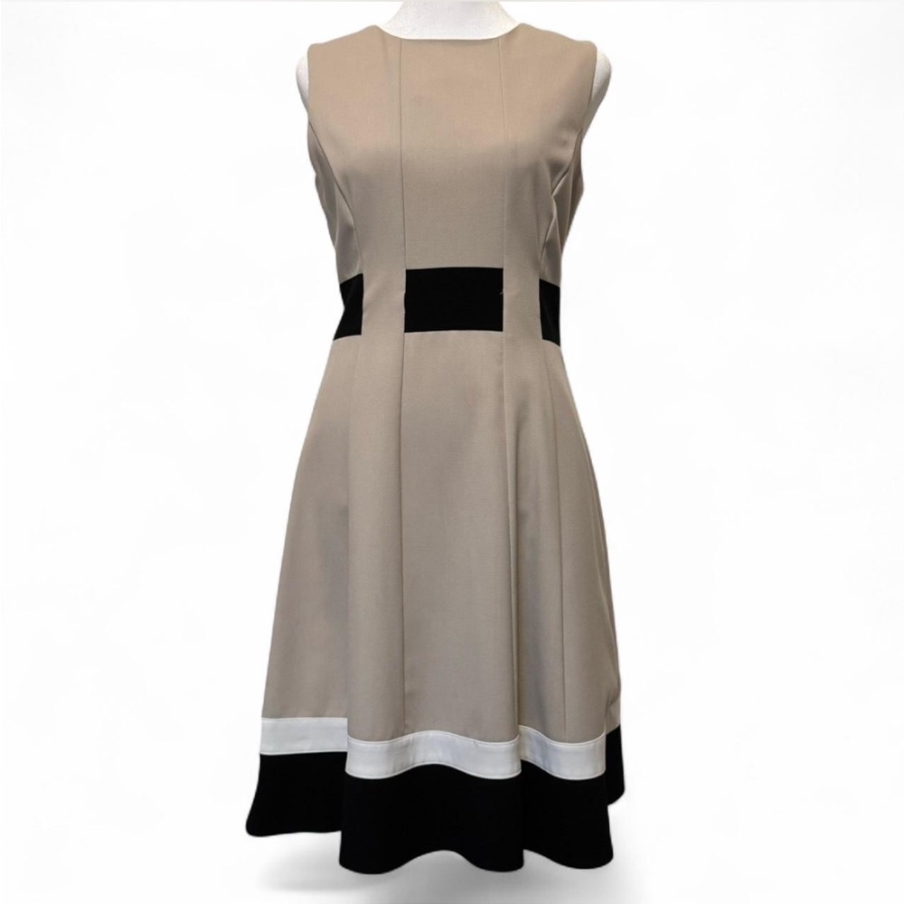 tan, black, & white calvin klein midi dress